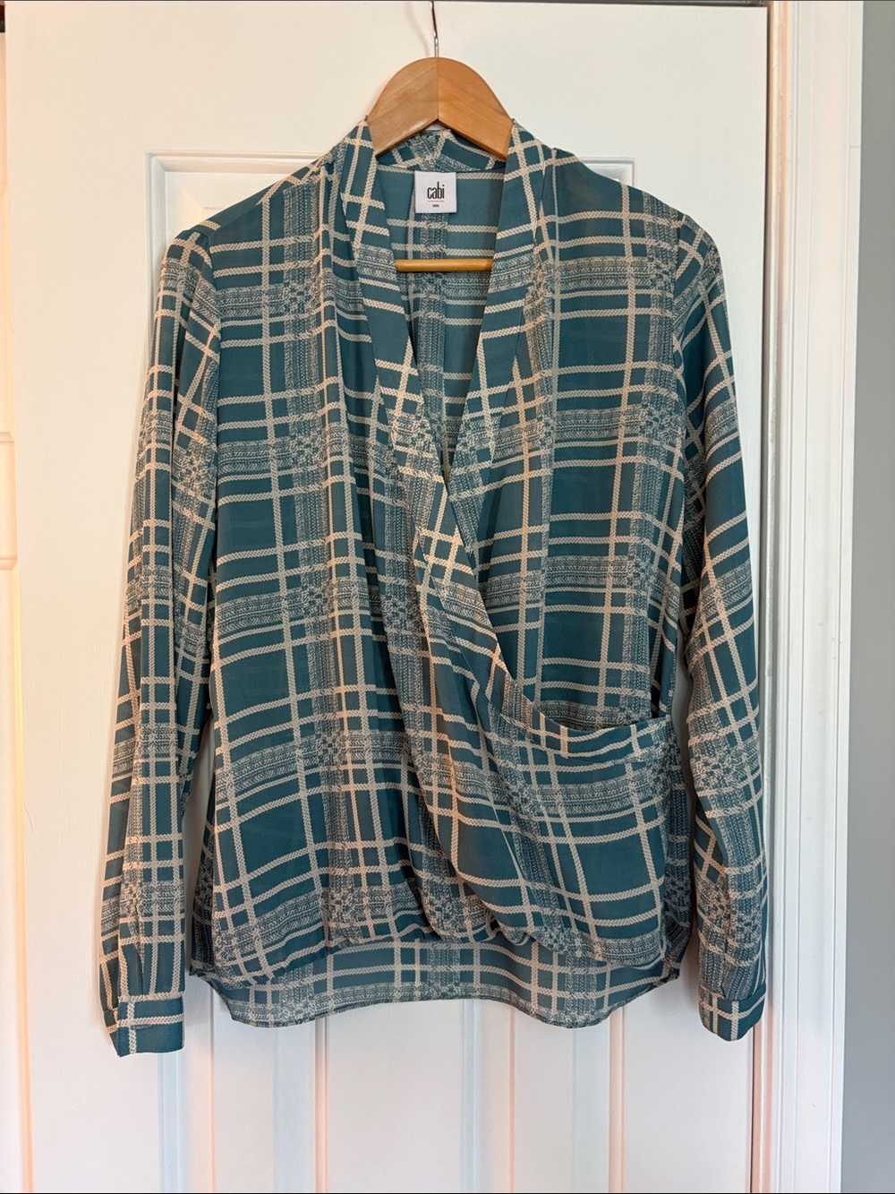 CAbi Teal & Cream Plaid Draped Wrap Blouse